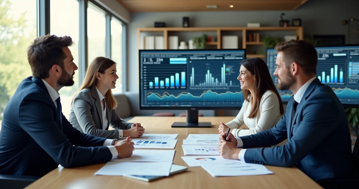 Equipe de vendas em reunião com clientes B2B discutindo estratégias e contratos