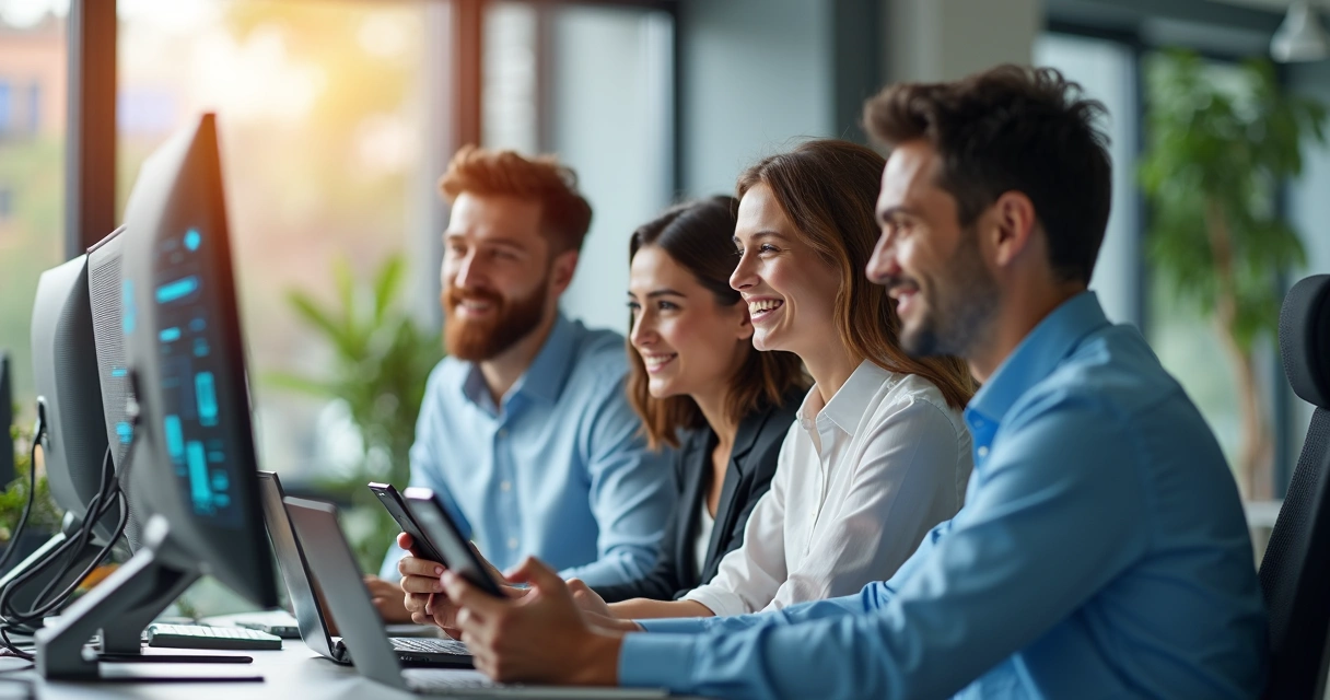 Equipe de vendas de telecom trabalhando integrada com tecnologia 