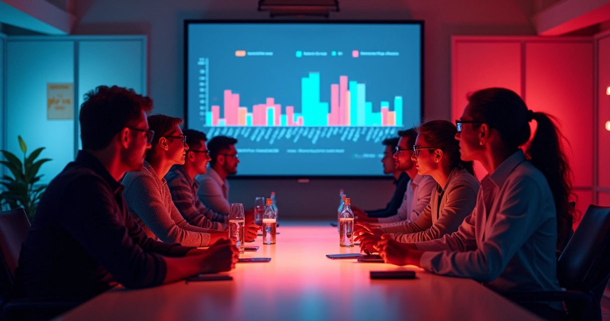 Equipe comercial analisando dados de IA em tela durante reunião 