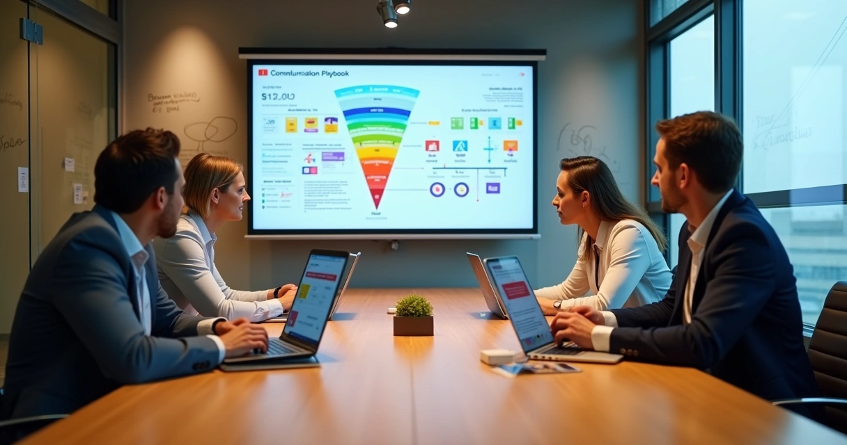 Equipe de vendas usando playbook digital projetado em tela em sala de reuniao moderna 