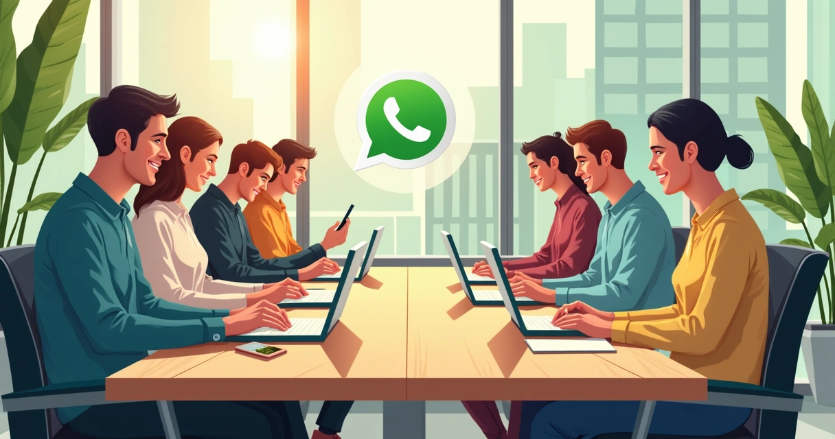 Equipe de vendas sorrindo enquanto usa o WhatsApp no escritório