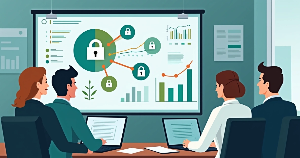 Equipe de TI e gestão analisando telas e dados sobre políticas de acesso digital 