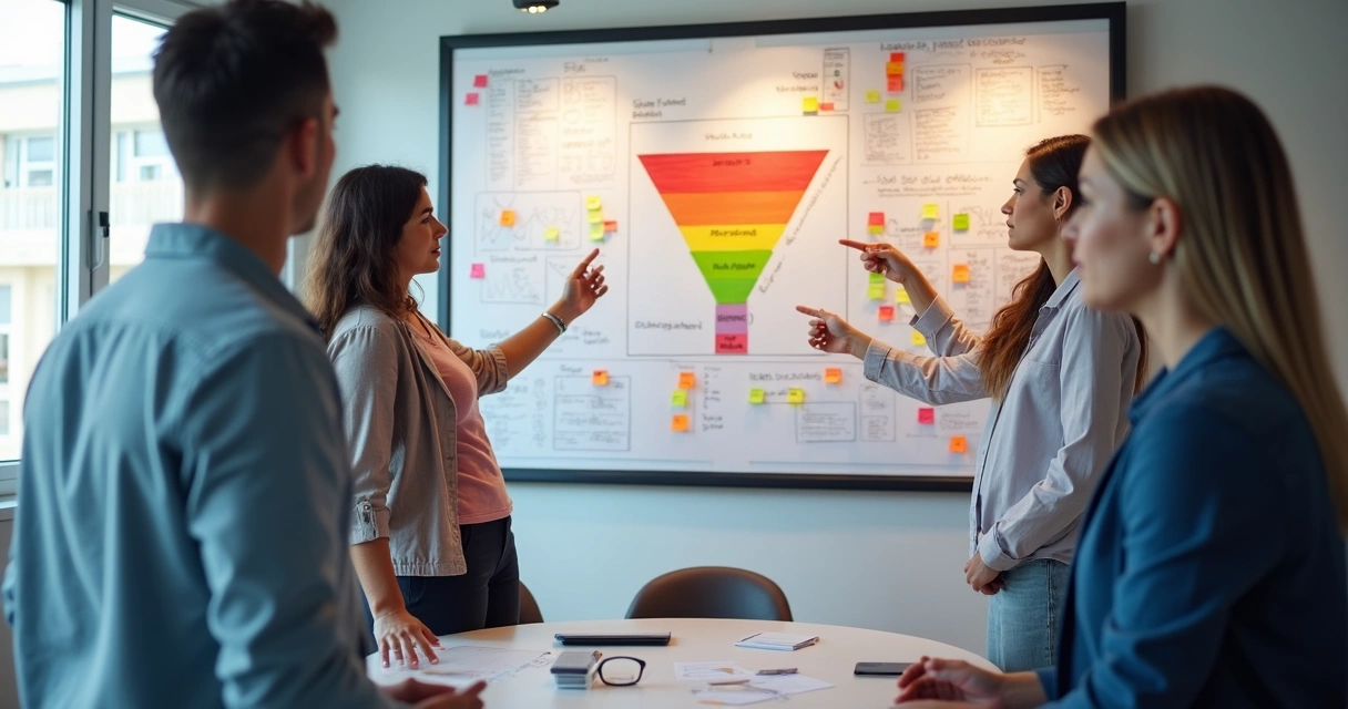 Equipe comercial reunida analisando quadro branco com funil desenhado e post-its coloridos 