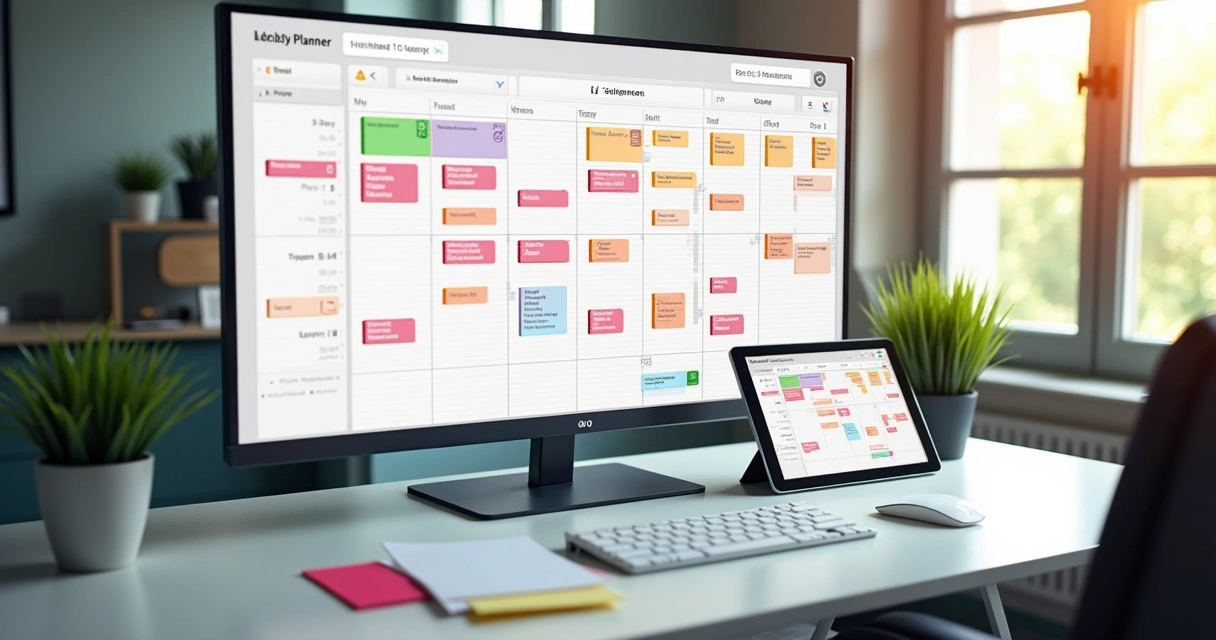 Agenda digital exibindo blocos de tempo coloridos 