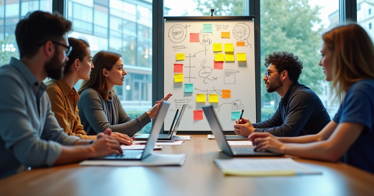 Equipe multidisciplinar colaborando em design sprint com quadro branco e post-its coloridos 