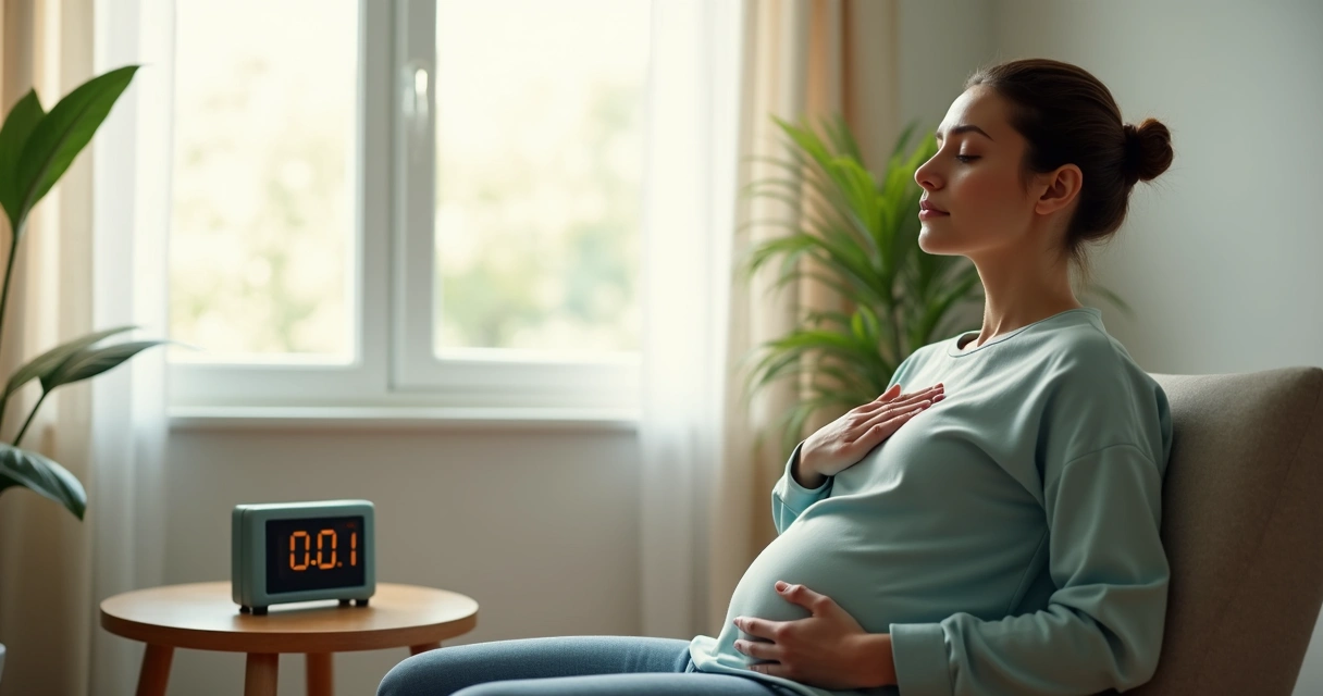 Person practicing timed breathing with a calm timer nearby 