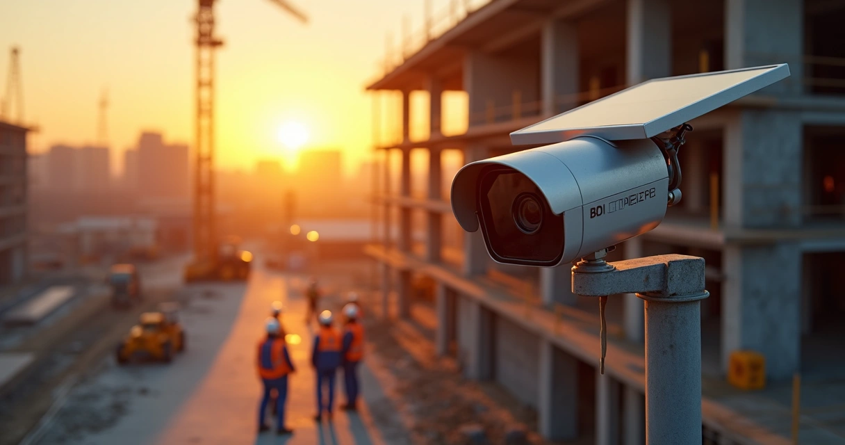 Câmera time-lapse instalada em canteiro de obras ao pôr do sol 