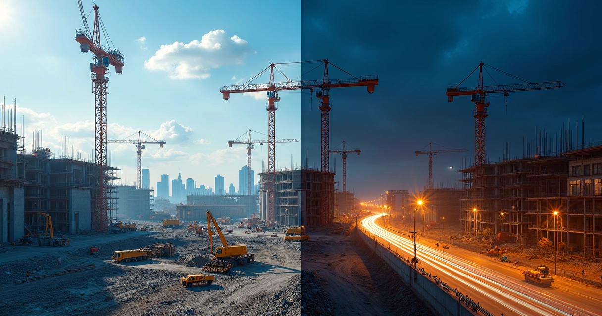Canteiro de obras com efeito de transição do dia para a noite 