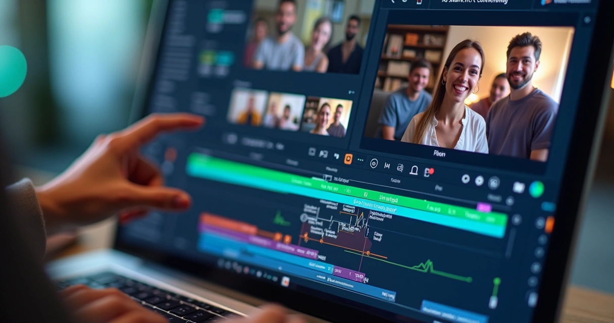 Linha do tempo visual de edição de vídeo IA mostrando cortes automáticos e legendas 