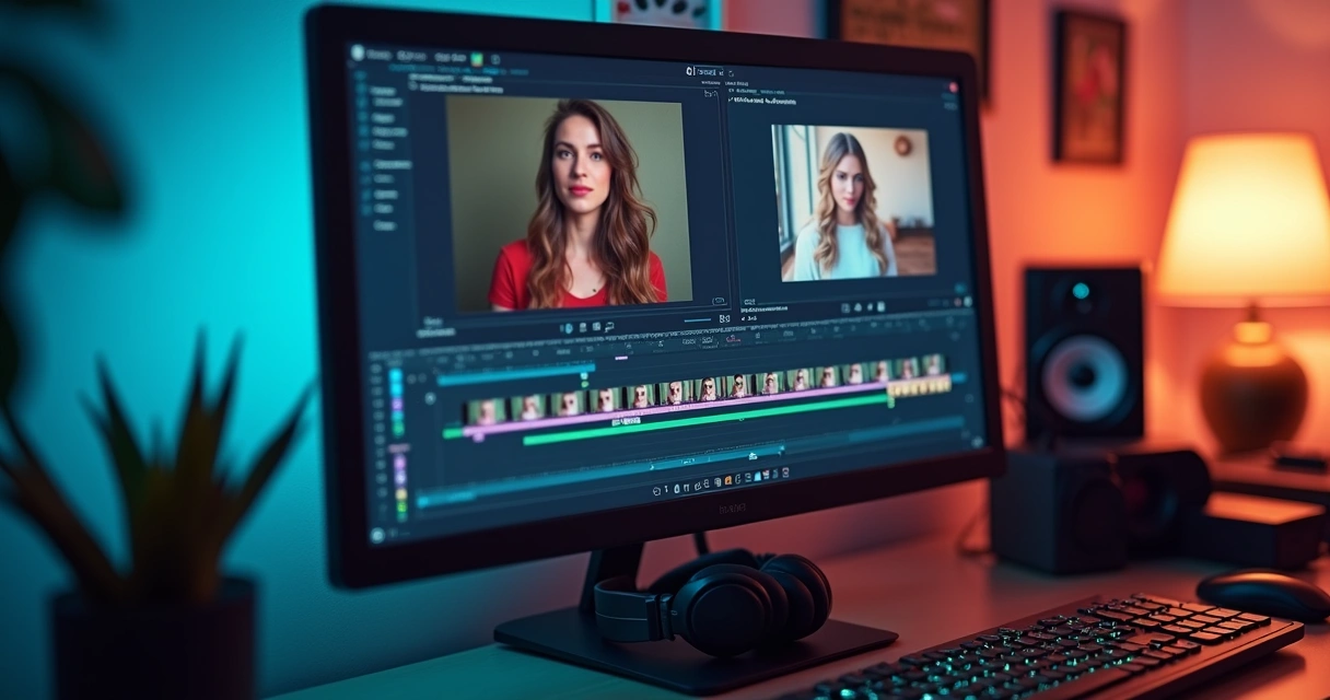 Video editor interface with timeline, automatic subtitle, and filters being applied 