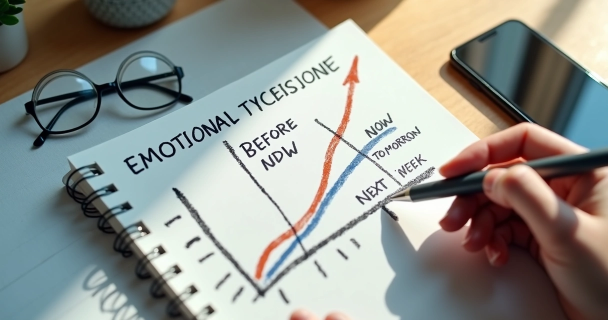 Notebook sketch showing emotional timeline before and after a decision