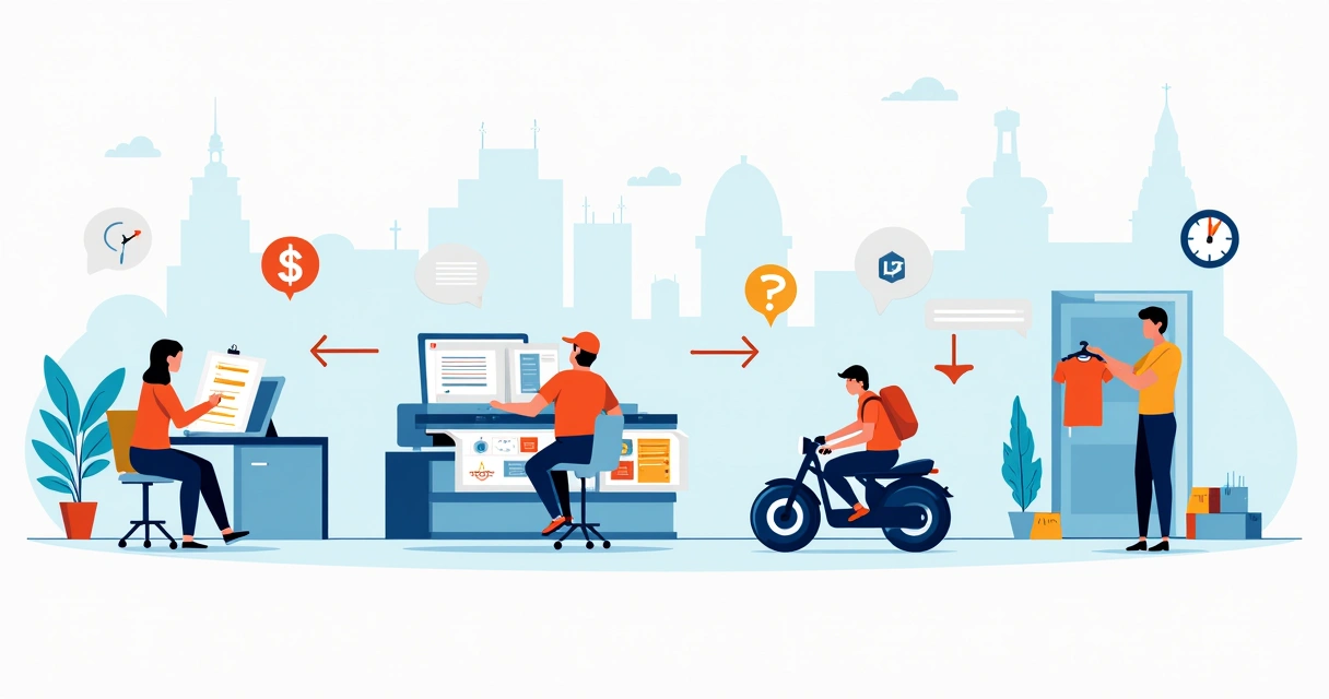 Linha do tempo do processo de pedido rápido de camisetas em Campinas