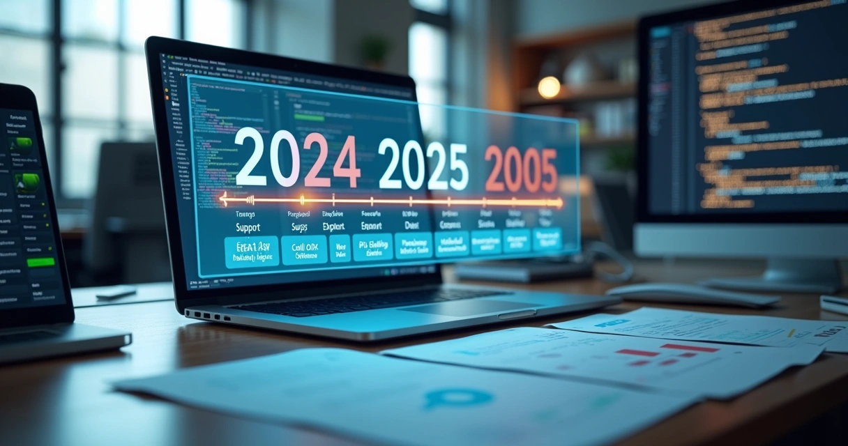 Linha do tempo com datas e marcos sobre a descontinuação de software e transição tecnológica 