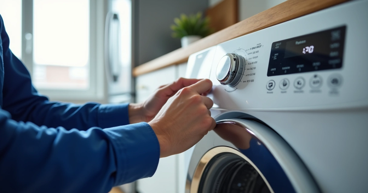 Técnico ajustando o timer no painel de máquina de lavar moderna na cozinha 