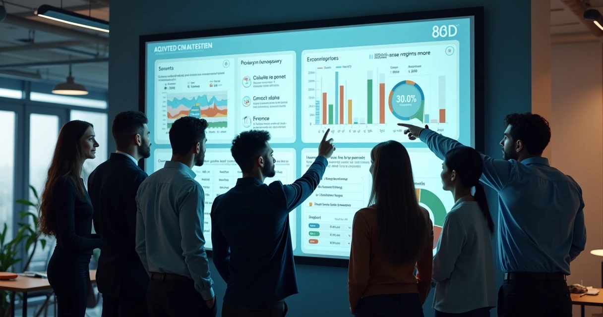 Equipe multicultural observa painel digital com dados 