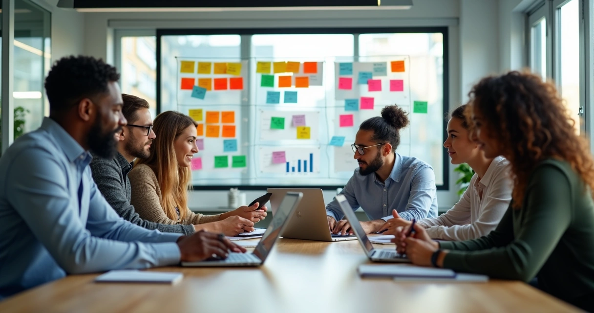 Equipe de trabalho ágil em reunião colaborativa com quadro de tarefas atrás 