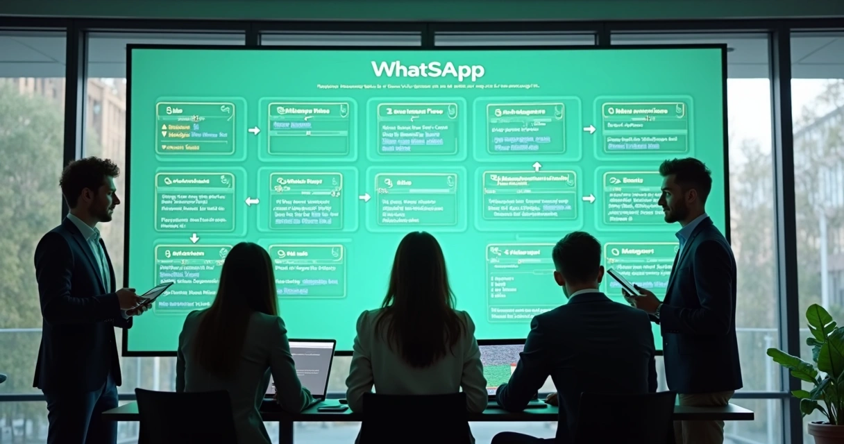 Equipe reunida interagindo diante de um painel digital com fluxos do WhatsApp