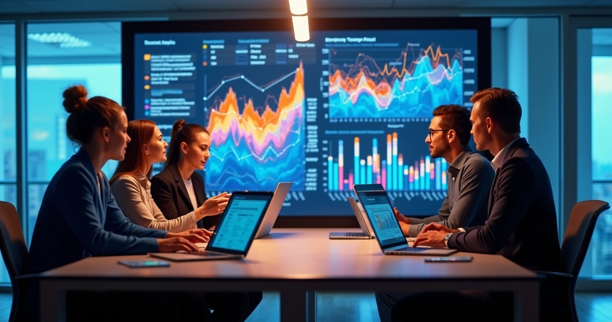 Equipe profissional reunida em ambiente de trabalho moderno com gráficos de desempenho ao fundo 