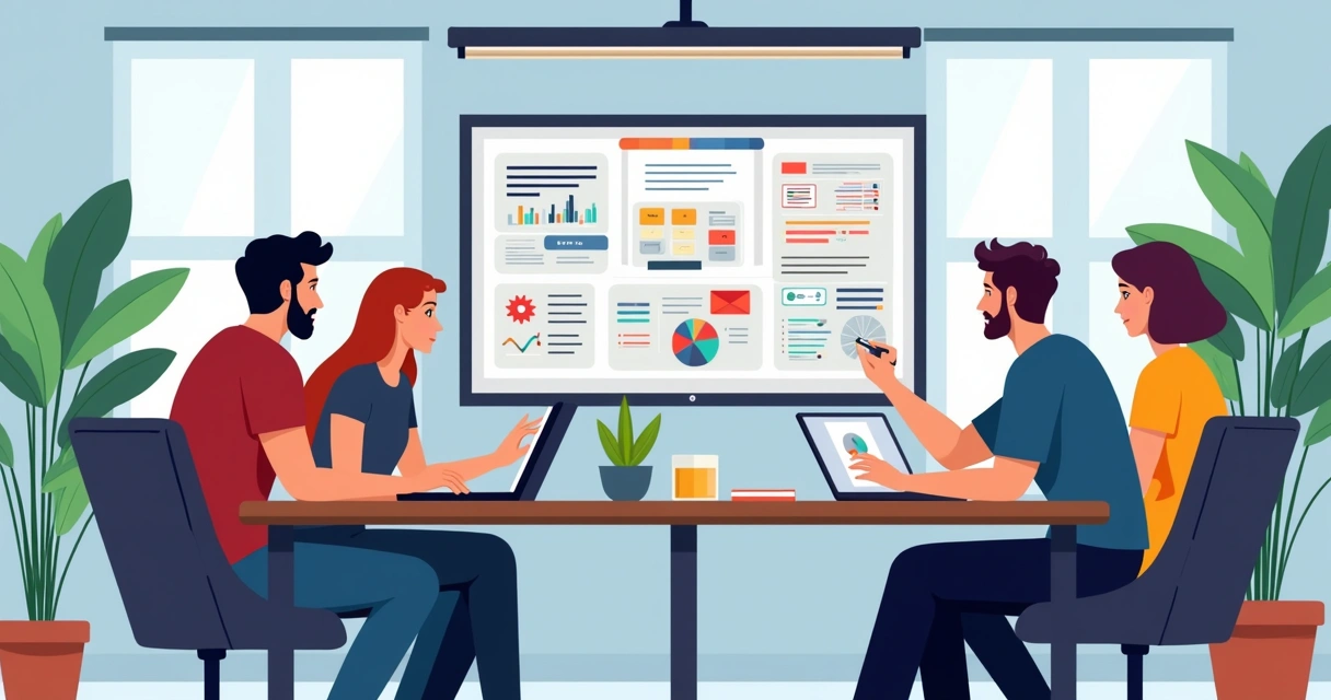 Equipe de webdesigners e desenvolvedores colaborando em um design system no escritório 