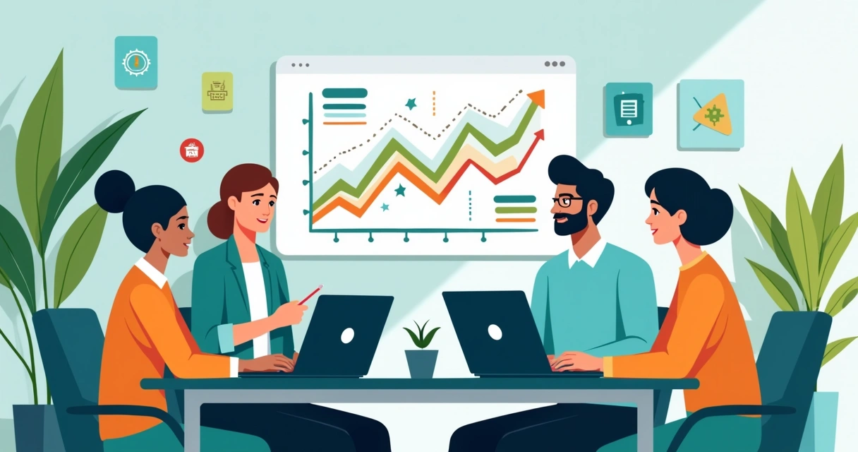 Equipe colaborativa em reunião com gráficos de desempenho ao fundo 