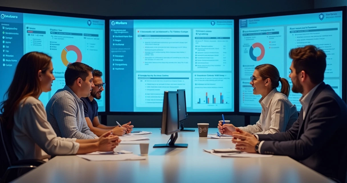 Equipe de TI reunida gerenciando atividades integradas com Movitera 