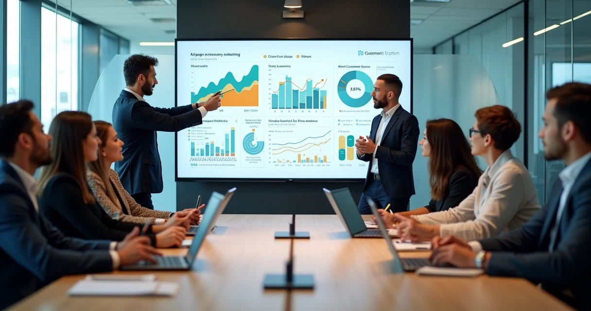 Equipes de marketing, vendas e atendimento analisando painel de dados de receita em reunião 