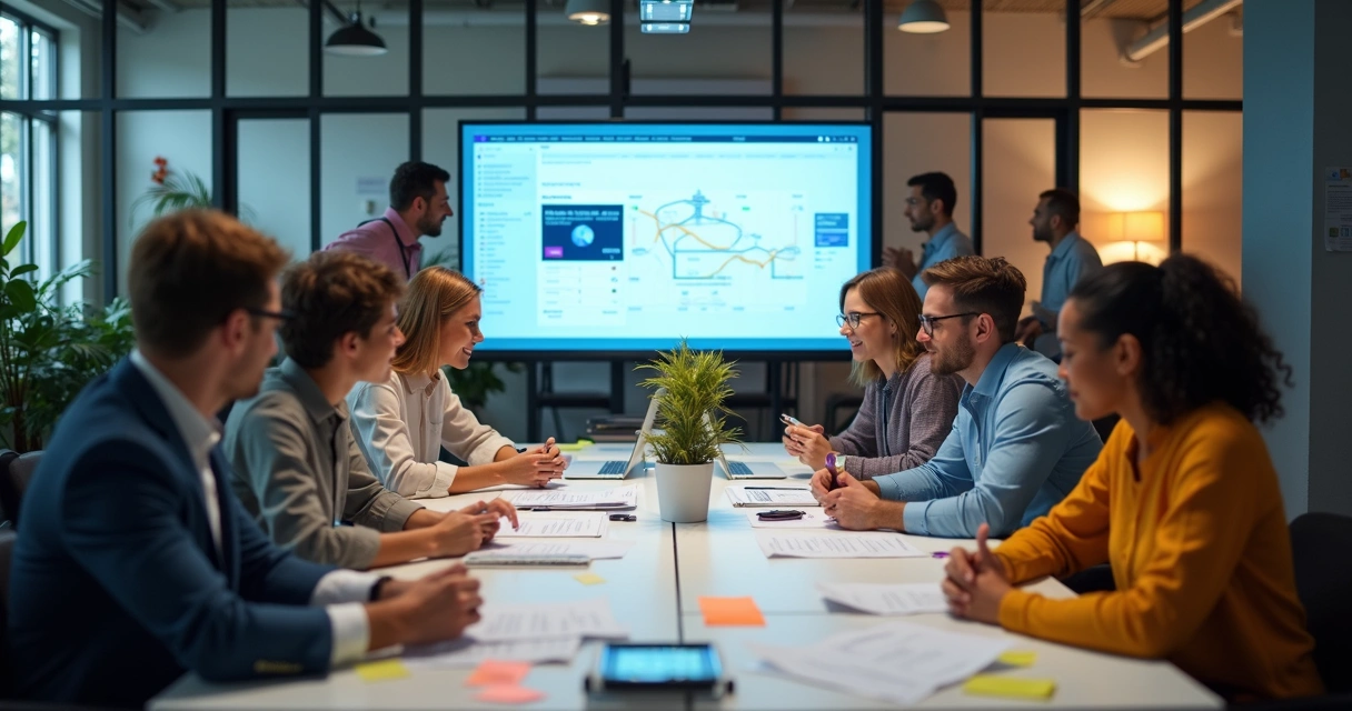 Equipe de marketing e produto reunida em ambiente moderno 