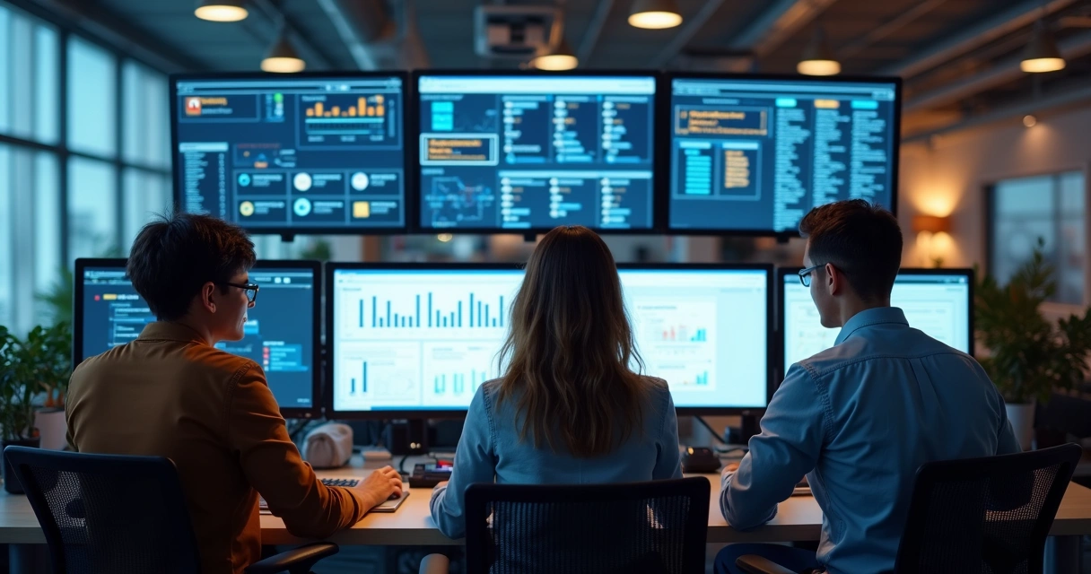 Equipe pequena de tecnologia reunida em escritório moderno trabalhando colaborativamente com computadores e telas de monitoramento digital 