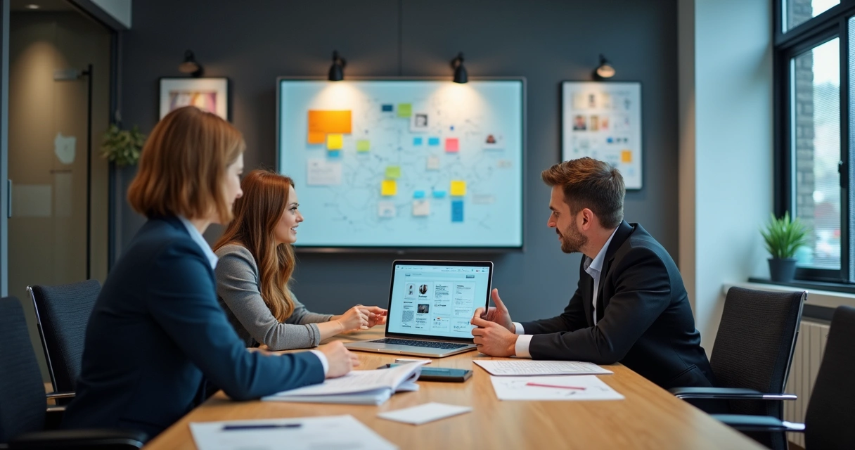 Reunião entre áreas técnicas e marketing para planejar site 