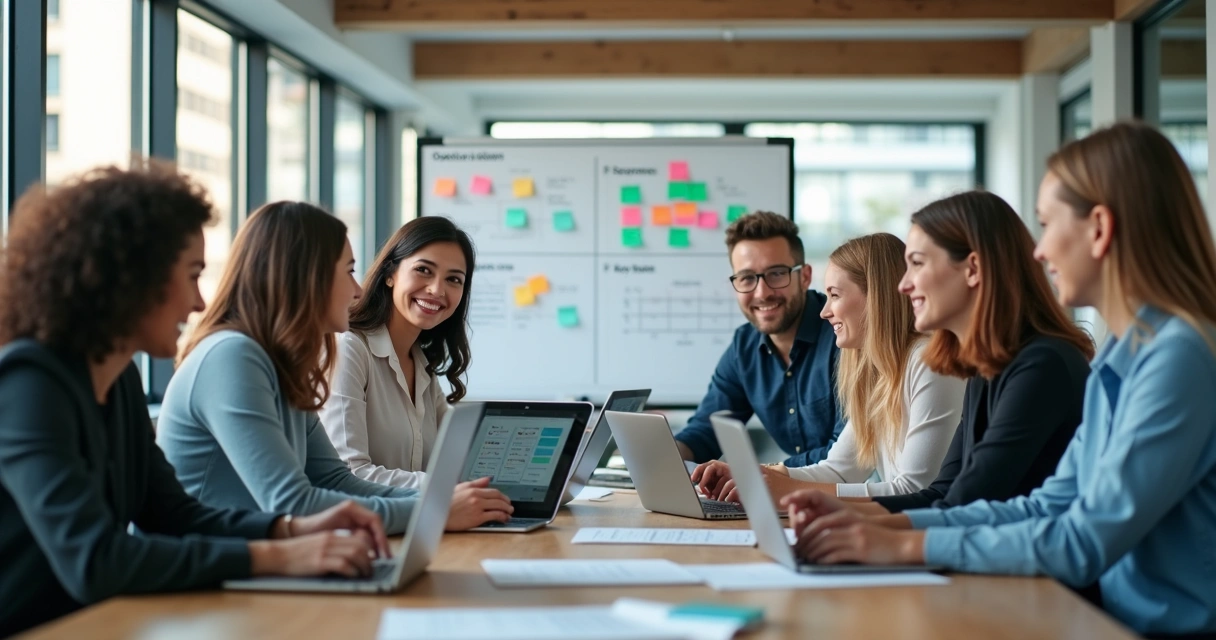 Equipe de tecnologia reunida em mesa discutindo OKRs com laptops e gráficos digitais 