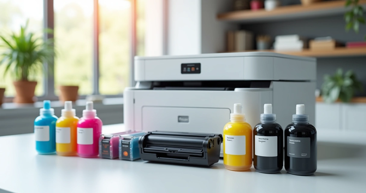 Cartuchos e frascos de tinta coloridos de diferentes marcas lado a lado em uma mesa branca moderna 