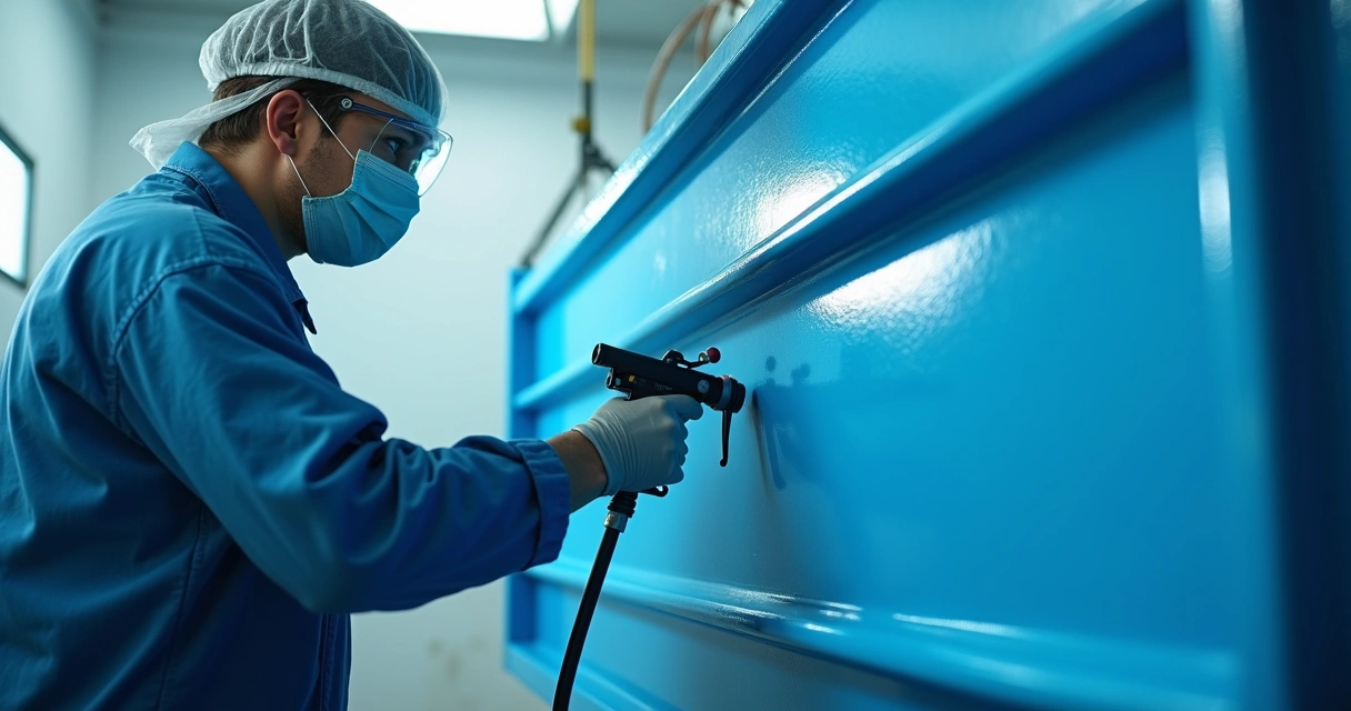 Aplicação de tinta industrial em estrutura metálica com pistola e cabine de pintura 