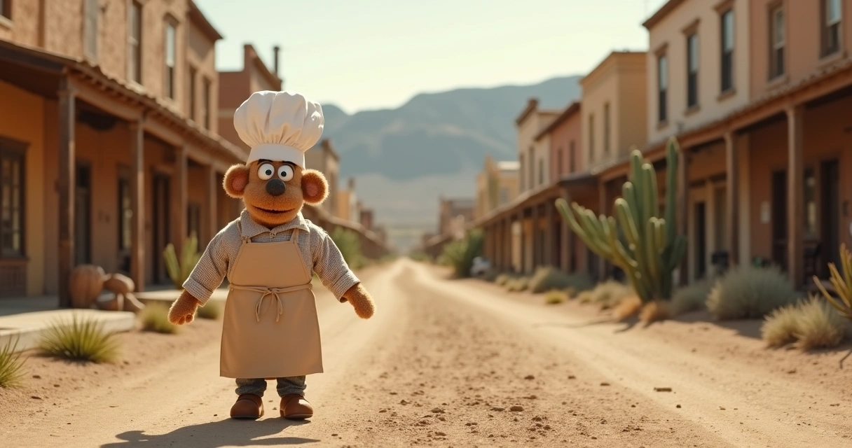 Tiny Chef caminhando pelo deserto de Pioneertown, cenário árido, prédios baixos e cactos