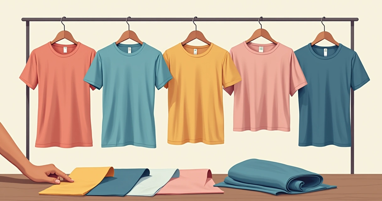 Diferentes tipos de camisetas e amostras de tecidos. 