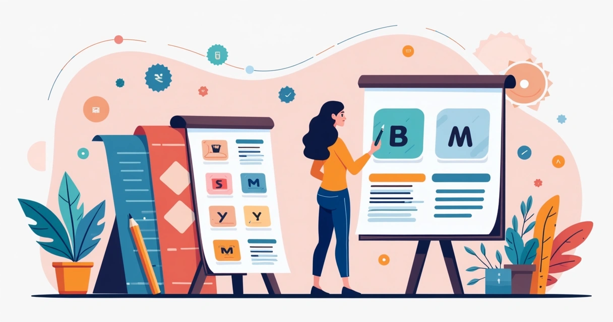 Ilustração corporativa mostrando paleta de cores e tipos de letra diversas para branding 