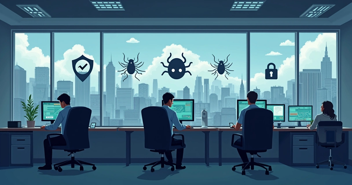 Ilustração mostrando diferentes tipos de ameaças digitais externas, como phishing, malware e DDoS