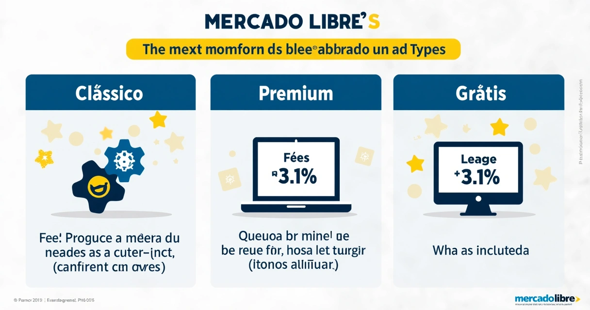 Comparação visual entre os modelos de anúncio Clássico, Premium e Grátis no Mercado Livre. 