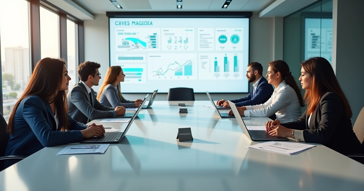 Reunião de líderes de diferentes tipos de associação em mesa redonda analisando painel digital de gestão 