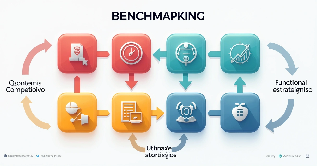 Infográfico colorido com quatro tipos de benchmarking, com ícones e setas conectando os blocos 
