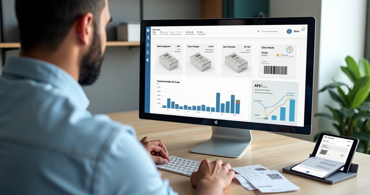 Empresário analisando diferentes tipos de boletos bancários em dashboard financeiro digital 