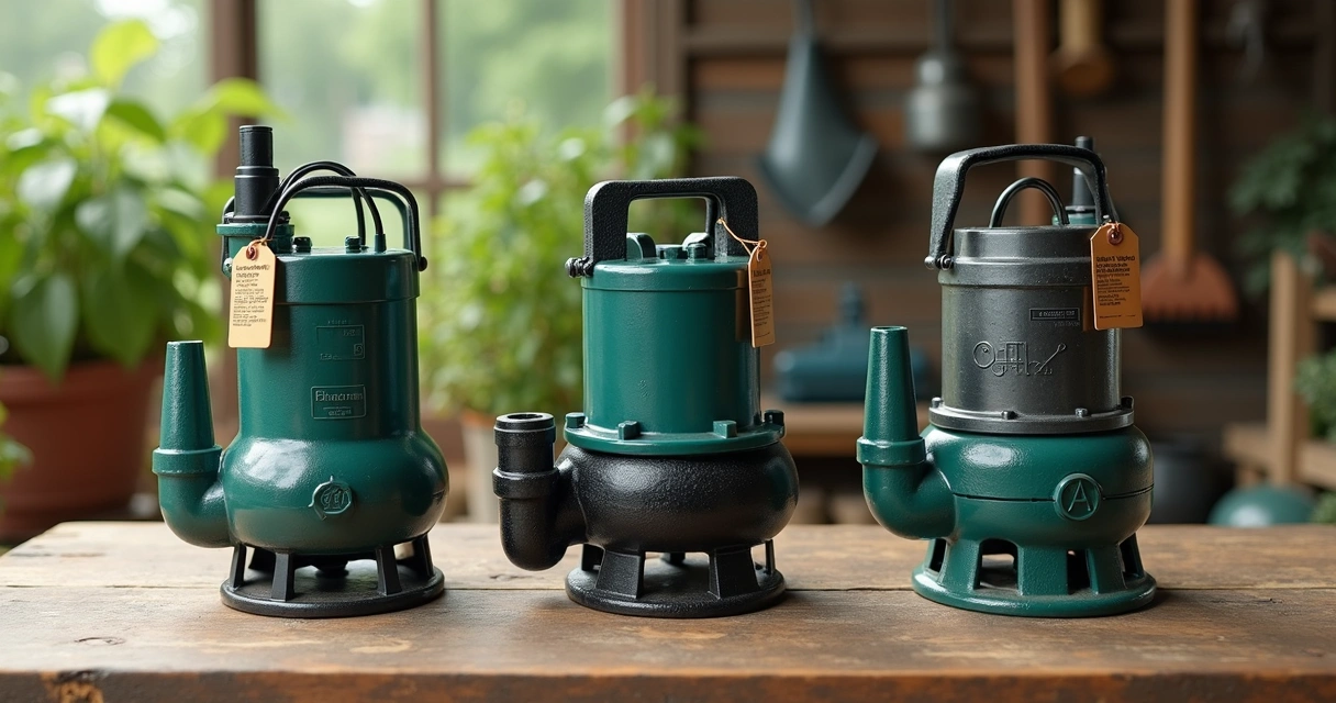 Diferentes tipos de bombas de água para poço em superfície de madeira 