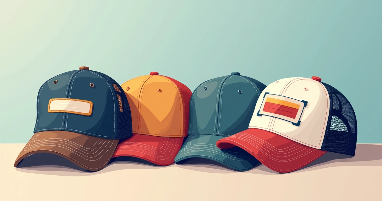Modelos variados de bonés personalizados, incluindo trucker, aba curva e bordado central colorido 