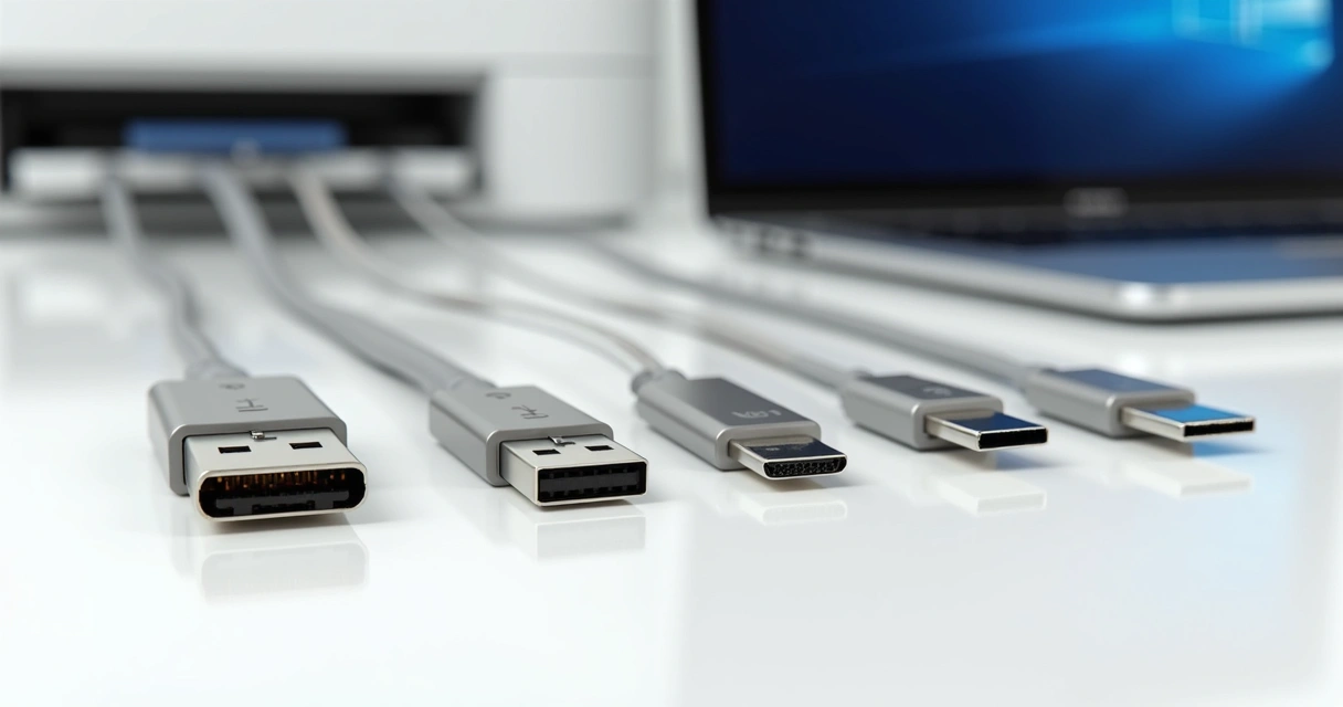Conectores de cabos USB A, USB B e impressora em fundo branco 