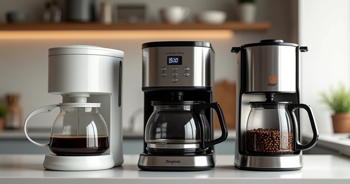 Três tipos de cafeteiras lado a lado na bancada, incluindo tradicional, programável e com moedor 