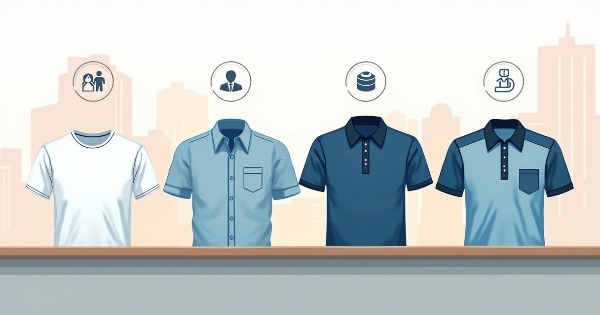 Comparação de diferentes tipos de camisas personalizadas lado a lado, incluindo básica, dry fit, premium e polo 
