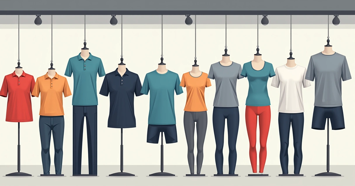 Diferentes tipos de camisetas e uniformes em exposição 