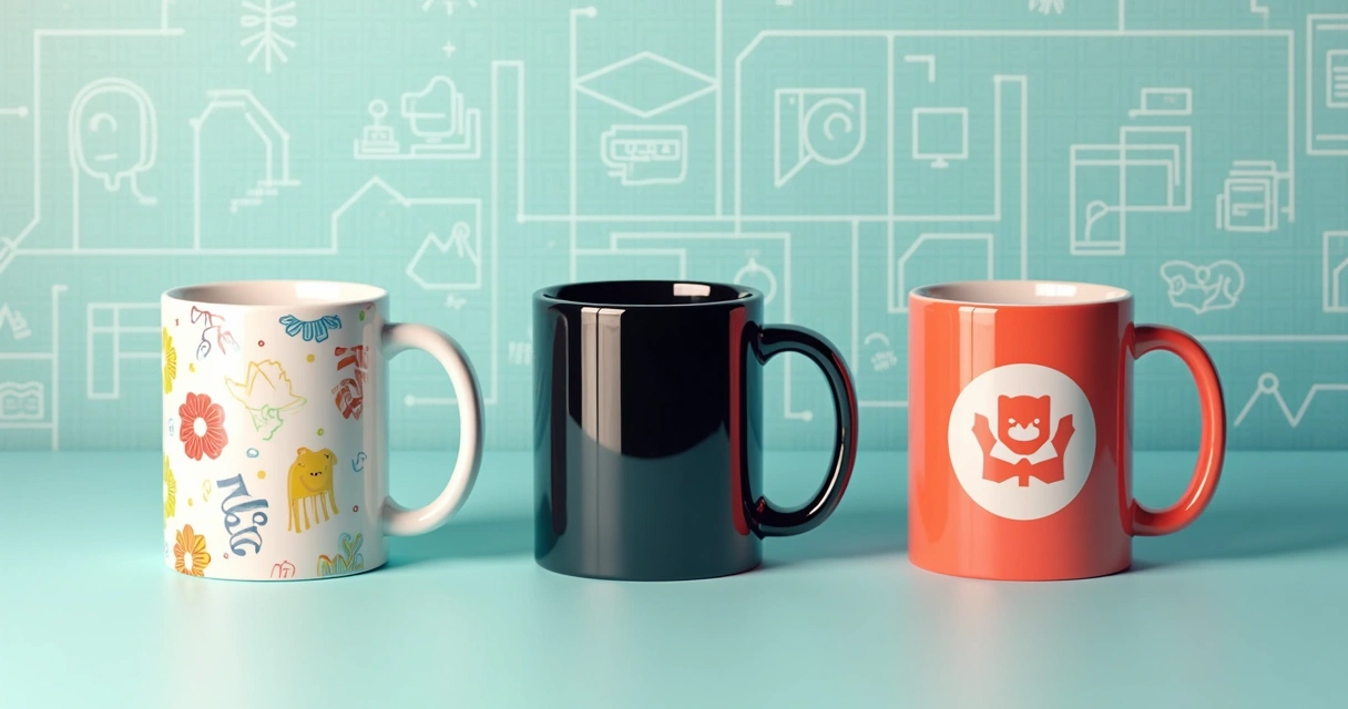 Três tipos de caneca personalizadas diferentes lado a lado 