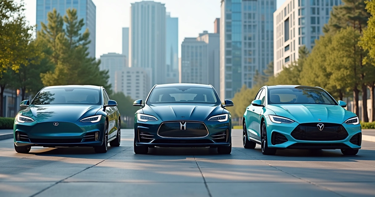 Vários carros elétricos e híbridos alinhados 