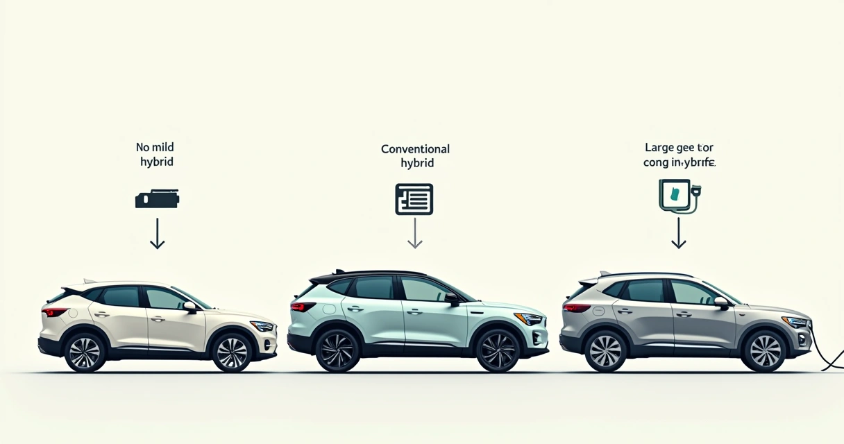 Ilustração dos três tipos de carros híbridos, leve, convencional e plug-in, lado a lado