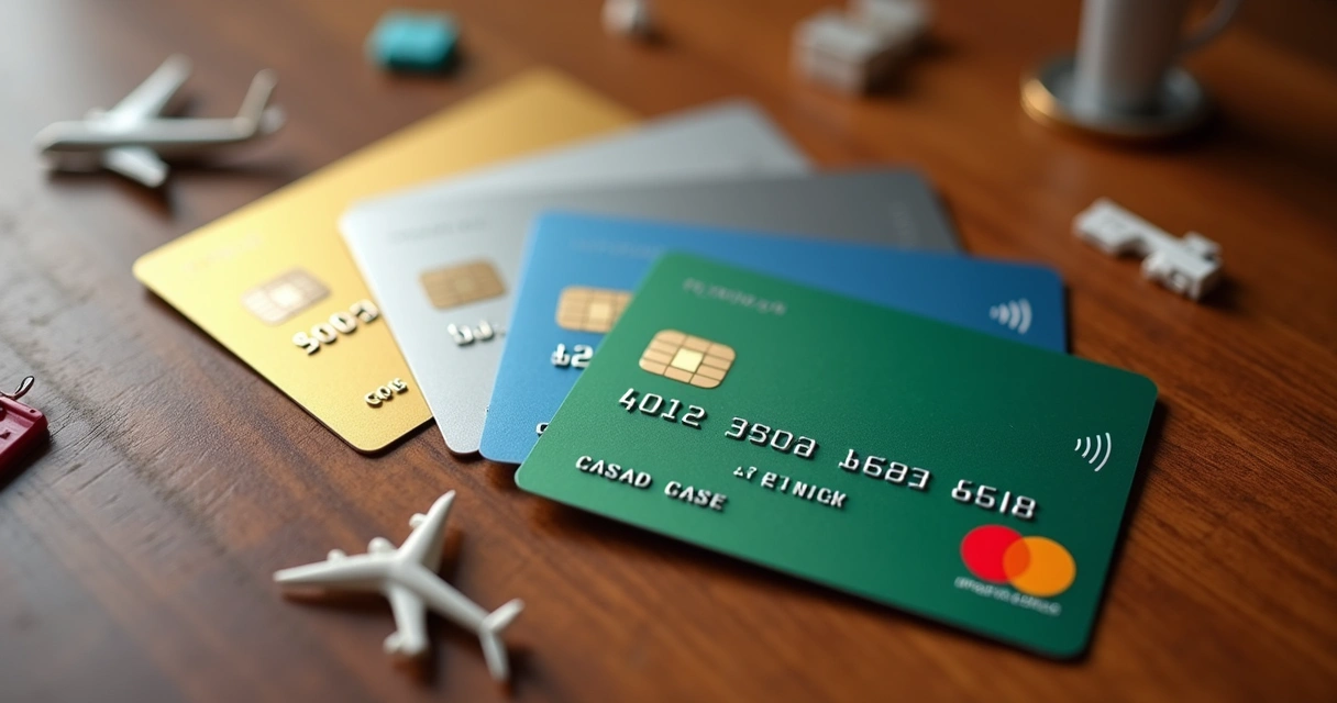 Vários cartões de crédito com design diferente sobre mesa de madeira, destacando benefícios e funcionalidades 